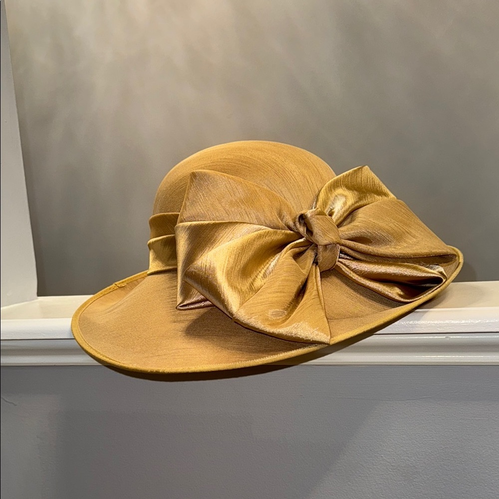 VANNI Gold Satin Hat with Wide Brim and Bow